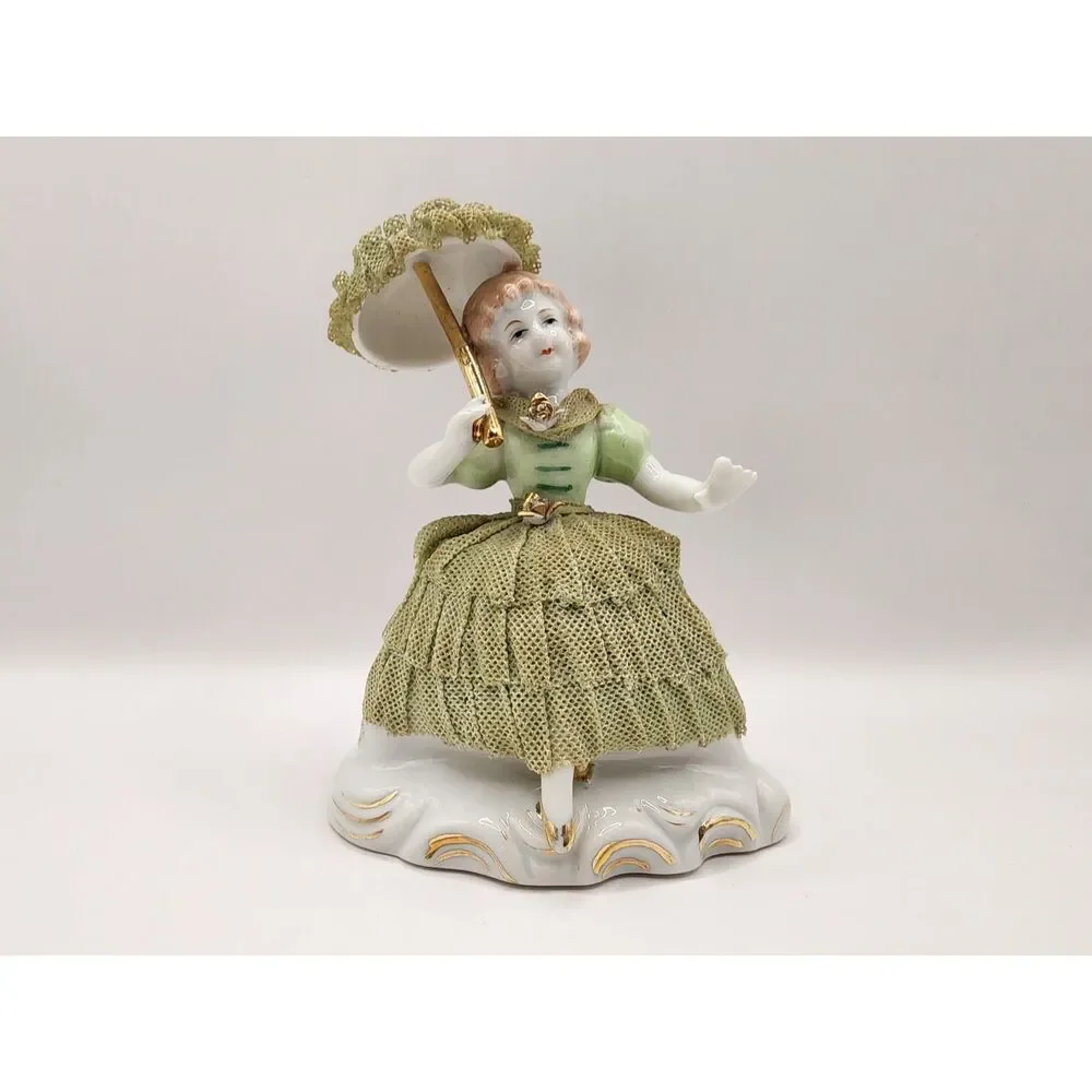 Vintage Porcelain Lace Lady Figurines Pair Green Parasols Wales Japan 5 inches